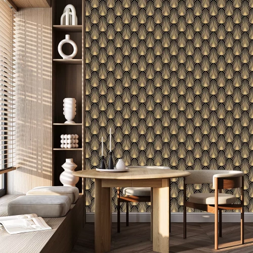 Behang Zwart bloemmotief in art deco stijl