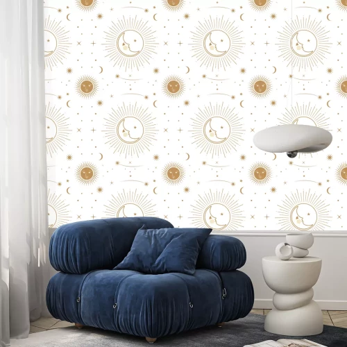 Behang Moon, sun and stars, seamless ornamental pattern