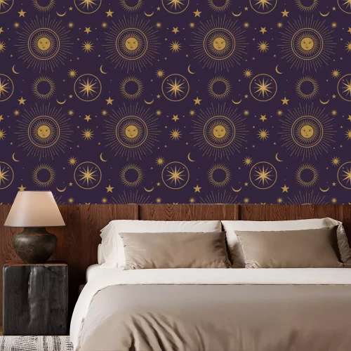 Behang Moon, sun and stars, seamless ornamental pattern