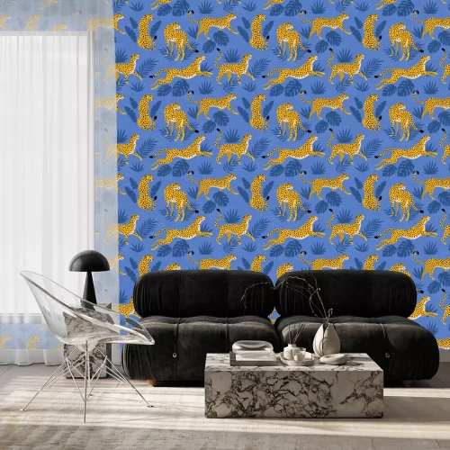 Behang Leopard pattern with tropical leaves. Vector seamless texture.