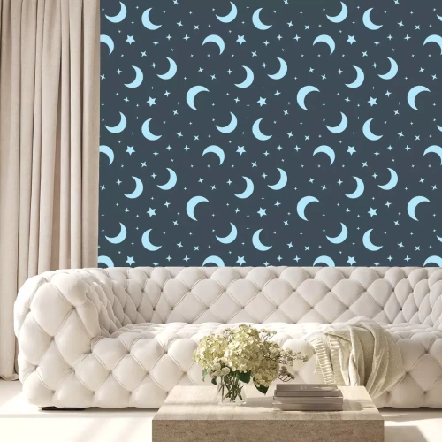 Behang Moon and stars seamless pattern. Sky texture background. Star and moons.