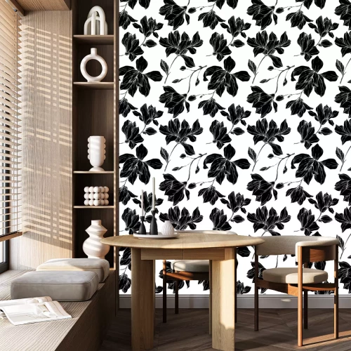 Behang Vector Magnolia floral botanical flowers. Black and white engraved ink art. Seamless background pattern.