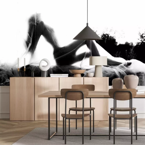 Fotobehang Slender nude girl, covered by a cellophane film, through which only her silhouette is visible and her nakedness is covered, in the ruins of a destroyed building. Conceptual, artistic, creative design.