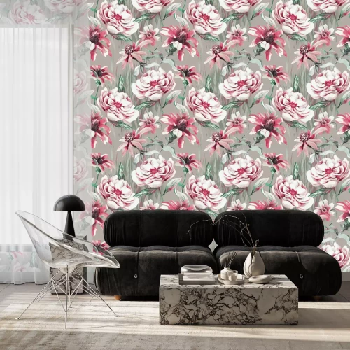 Behang Roze pioenrozen en coneflowers grijze achtergrond