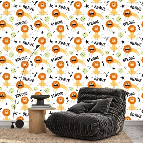 Behang Cartoon leeuwen en inscripties op een witte achtergrond