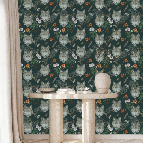 Behang Wolf leidt takken en kleurrijke bloemen