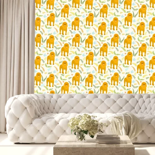 Behang Patroon met een leeuw tussen exotische bladeren