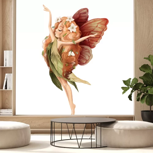 Sticker Cute hand drawn fairy with owl in floral wreath, flowers bouquet, woodland watercolor illustration