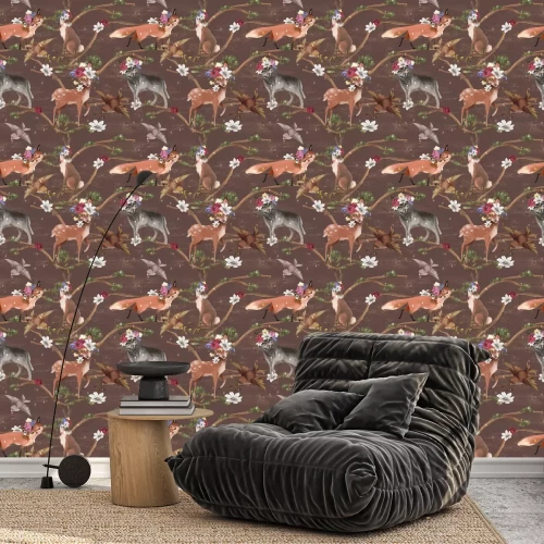 Behang Aquarel bosdieren en bloemen