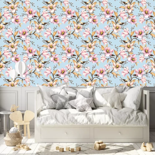 Behang Seamless pattern with magnolias. Floral illustration . Hand drawing, watercolor.  Design wallpaper, fabric and packaging