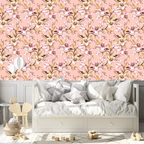 Behang Seamless pattern with magnolias. Floral illustration . Hand drawing, watercolor.  Design wallpaper, fabric and packaging