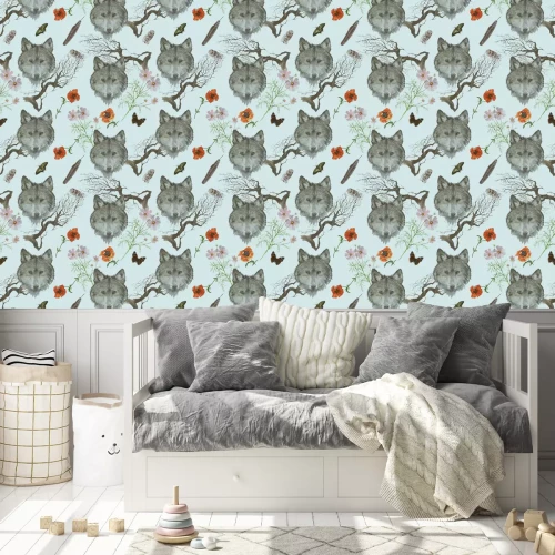 Behang Grijze wolfskoppen en bloemen