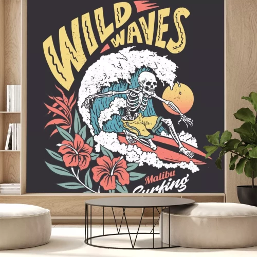 Sticker Vintage graphic of a surfing skeleton with hibiscus flowers
