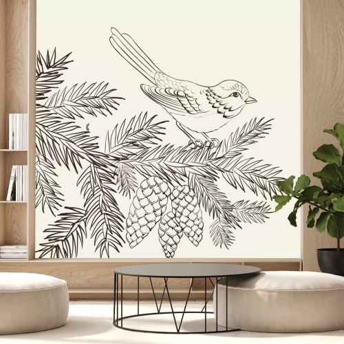 Sticker Vogel zittend op een dennenboom