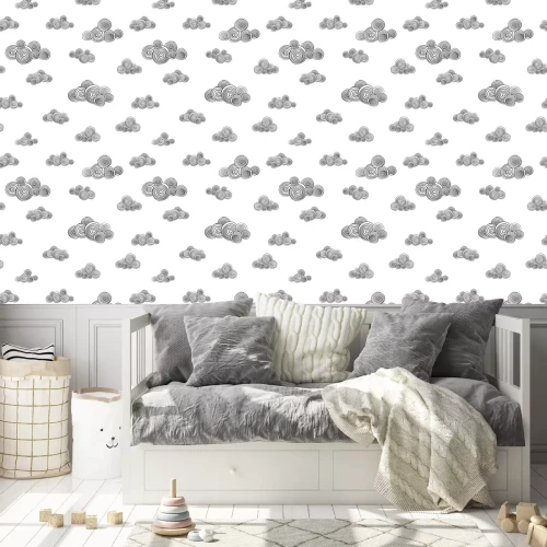 Behang Seamless pattern with cute hand drawn curly clouds. Doodle.