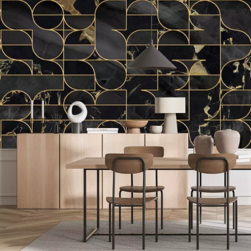 Sticker Seamless pattern design with golden geometric lines, black marble surface, modern luxurious background