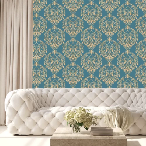 Behang Blauw en oranje dessin in ornament