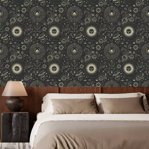 Behang Vector illustration set of moon phases. Different stages of moonlight activity in vintage engraving style. Zodiac Signs