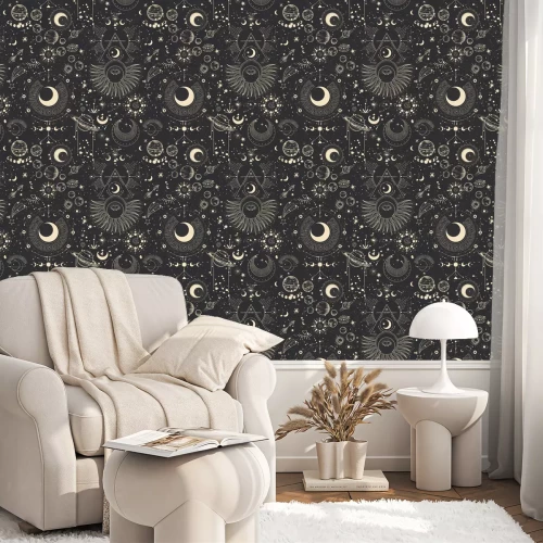 Behang Vector illustration set of moon phases. Different stages of moonlight activity in vintage engraving style. Zodiac Signs