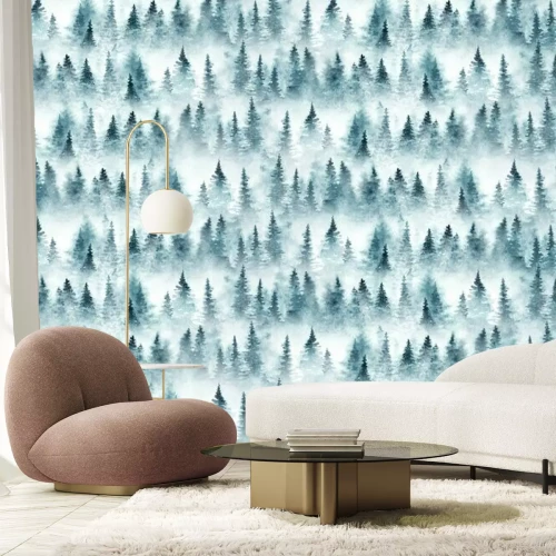 Sticker Seamless pattern with foggy spruce forest. Fir trees isolated on white background.
