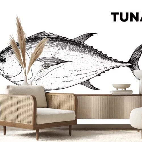 Sticker Tuna fish sketch. Hand drawn vector illustration. Seafood design element for packaging. Engraved style illustration. Can used for packaging design