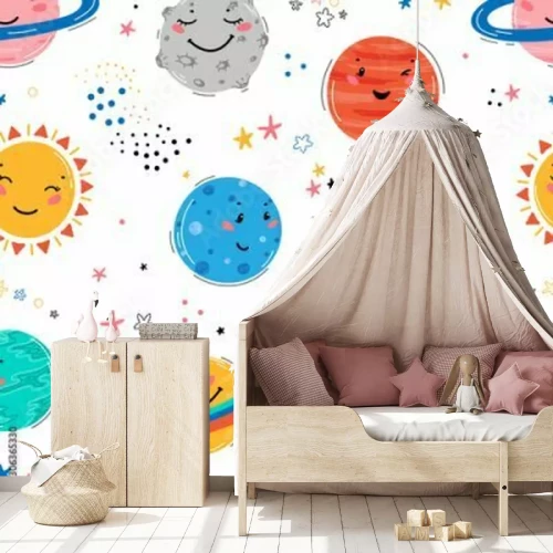 Sticker Space Seamless Pattern with Planets Solar System, Sun, Meteorite and Stars. Doodle Cartoon Cute Planet Smiling Face. Space Vector Background for Kids t-shirt Print, Nursery Design, Birthday Party