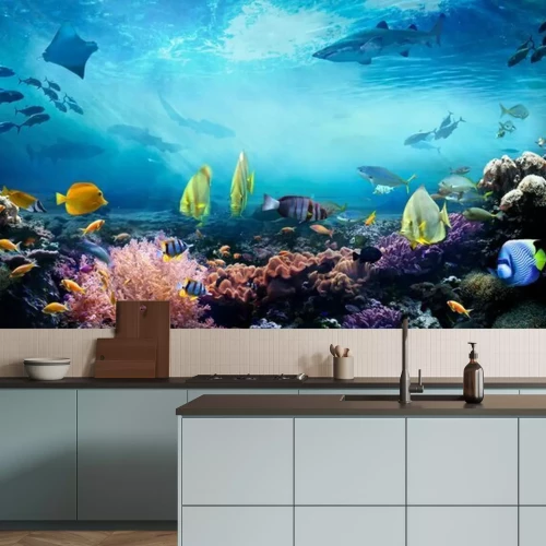 Fotobehang Koraalrif vissen en haaien