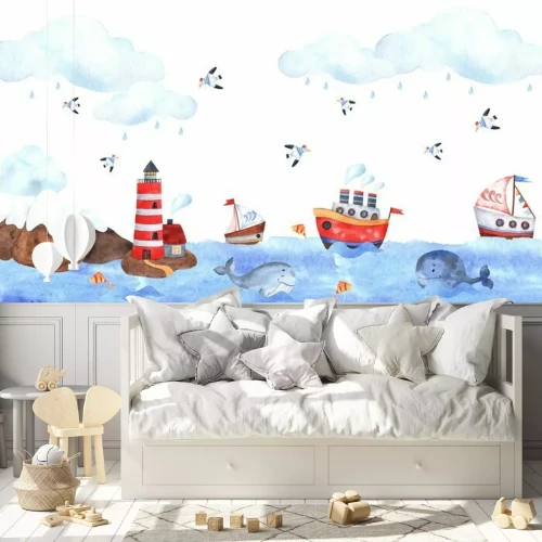 Fotobehang Marine composition of watercolor elements with a lighthouse, seagulls, sea, whale, ships, seagulls, stars, clouds and waves. Great for decorating holidays, postcards, textiles, children’s stickers and