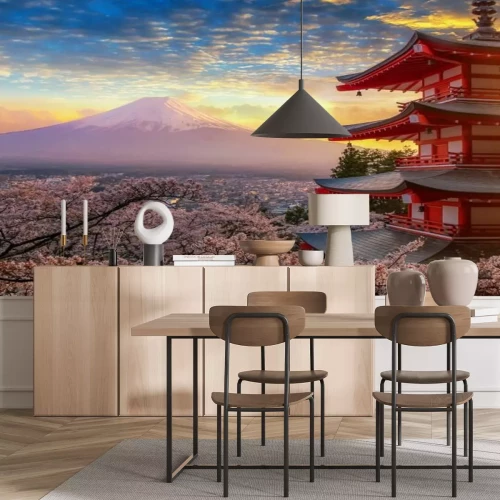 Fotobehang Zonsondergang tussen de bergen en kersenbomen