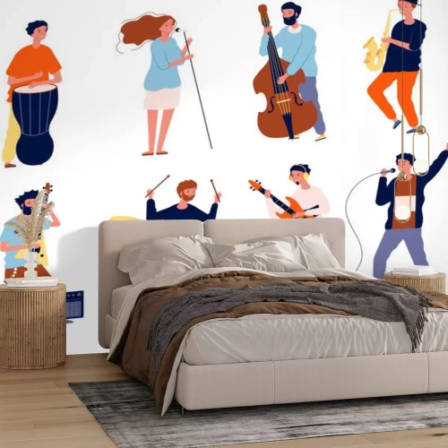 Sticker Music band characters. Rock group musicians singing and playing at instrument performing stage vector background. Rock concert, musical band, musician group performance illustration