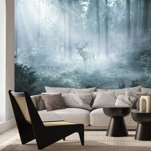 Fotobehang Een hert in een mistig bos, badend in zonlicht