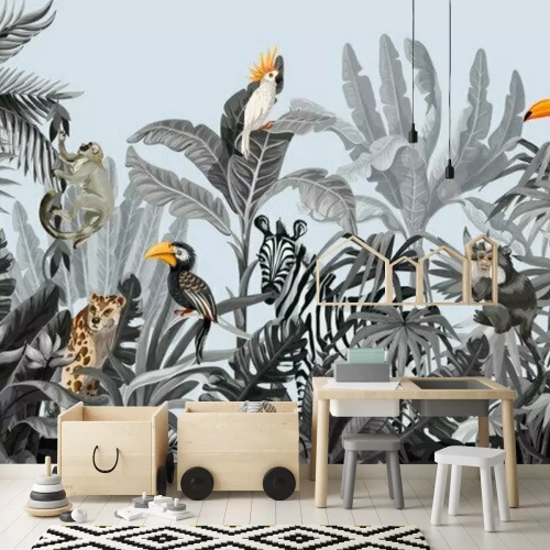 Fotobehang Palmbomen, papegaaien, apen en luipaarden