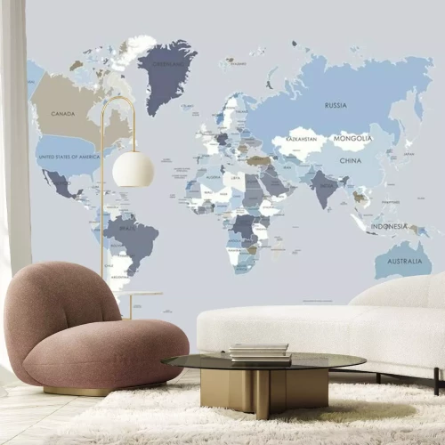 Fotobehang Gedetailleerde politieke kaart van de wereld in blauwe en beige tinten