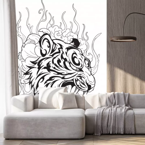Sticker Tiger head in roar with lotus flower decorate with cloud or smoke design with oriental  Japanese tattoo style vector 