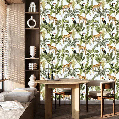 Behang Mozaïek van tropische dieren en bladeren