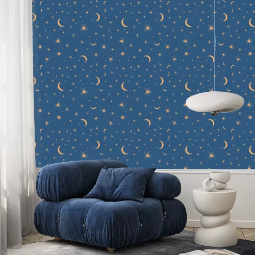 Behang Seamless pattern with suns, moons and stars. Vector gold and blue illustration. Print could be used for textile, zodiac star yoga mat, underwear