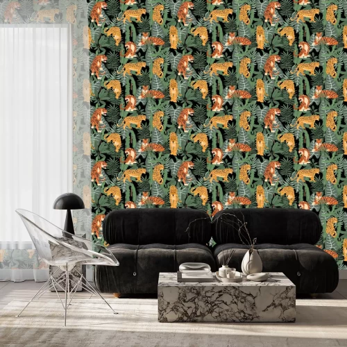 Behang Safari background with leopard,palm,tiger,leaf.Vector illustration seamless pattern for background,wallpaper,frabic.Editable element