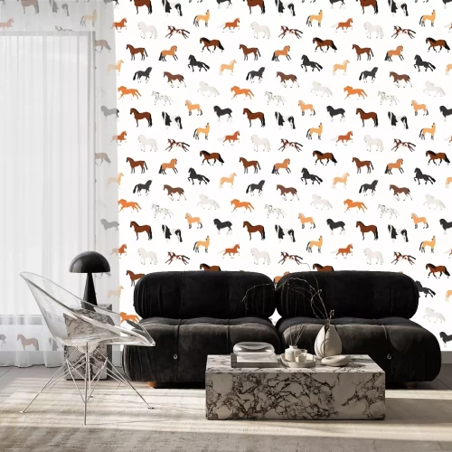 Behang Paarden van verschillende kleuren op een witte achtergrond