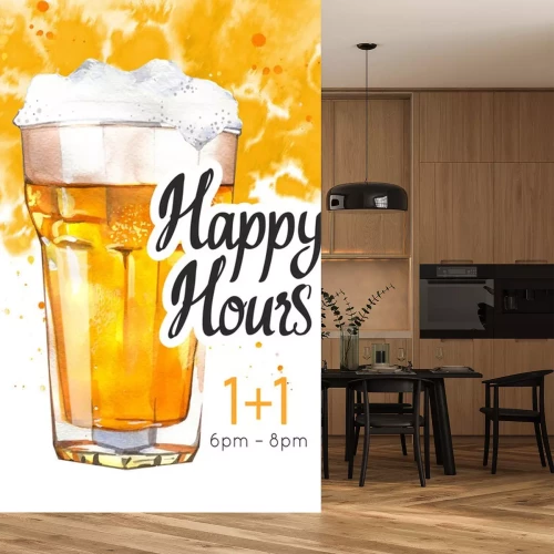 Sticker Happy hours poster. Watercolor illustration with glass of lager beer in picturesque style for bar. Drink menu for celebration. Special offer.