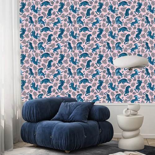 Behang Tigers and tropical leaves. Trendy illustration. Abstract contemporary seamless pattern.