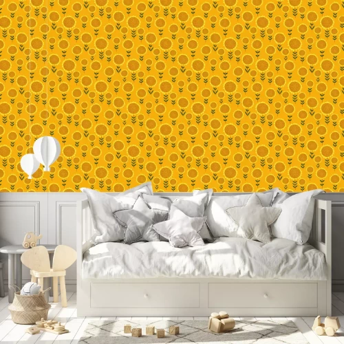 Behang Colorful seamless pattern with small hand drawn sunflowers on bright yellow background. Cute floral print, abstract Botanical texture, Wallpaper, fabric, wrapping paper... Vector illustration.