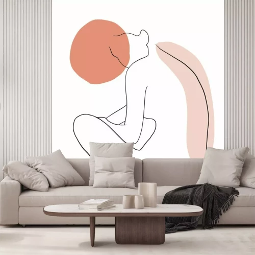 Fotobehang Lijntekening van een vrouw met kleuraccenten