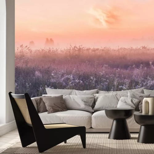 Fotobehang Wilde weide bij roze dageraad