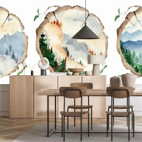 Sticker Watercolor landscape with pine and fir trees and mountains abstract nature background