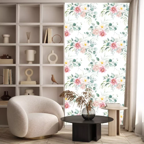 Behang Seamless watercolor floral pattern with pink & peach cream flowers, leaves composition on white background, perfect for wrappers, wallpapers, postcards, greeting cards, wedding invitations, events.