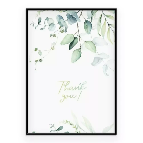 Poster De tekst "dank u wel" op een achtergrond van bladeren.