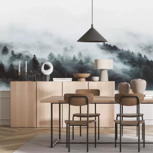 Fotobehang Een nostalgisch uitzicht op een bos in de mist