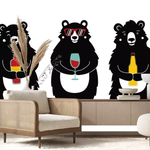 Sticker Vector illustration with bears holding drinks - wine bottle, red wine glass and beer.
