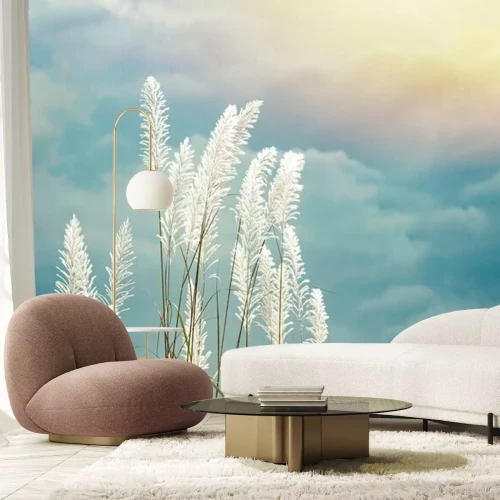 Fotobehang Witte oren van gras tegen de blauwe lucht