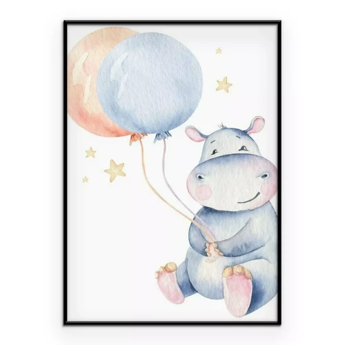 Poster Aquarel schilderij van een nijlpaard dat ballonnen vasthoudt.